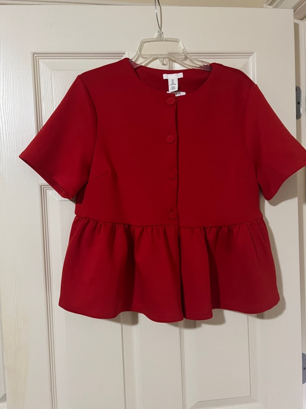 H&M Red Short-Sleeve Peplum Button-Up Blouse Women Large
